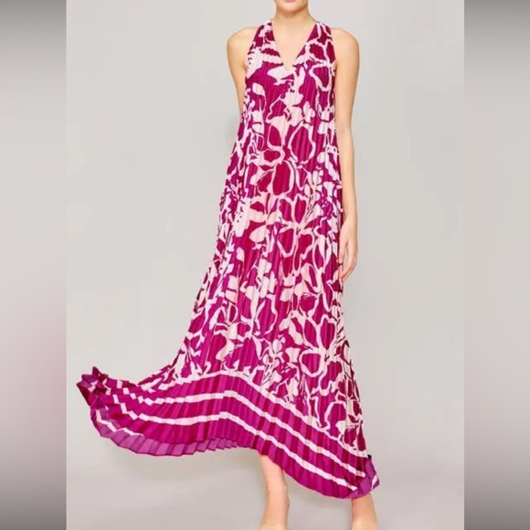 MELLODAY Pleated Floral Satin Magenta and Cream Patterned Maxi Dress Size 1X NWT - Picture 12 of 15